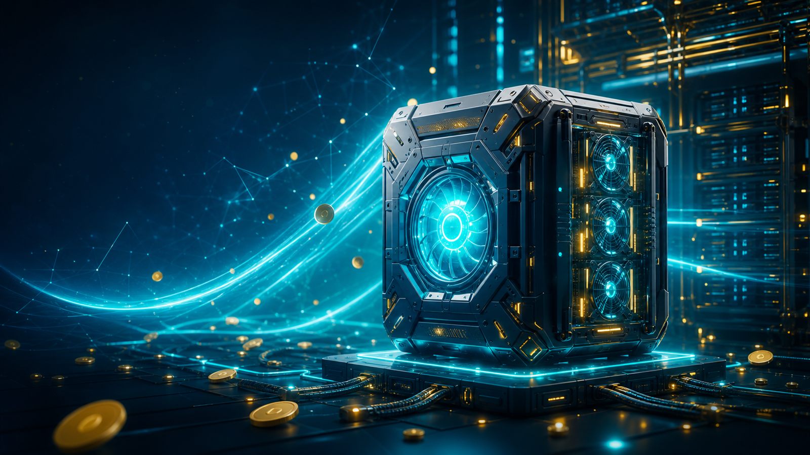 Virtual crypto mining farm with glowing miner rig